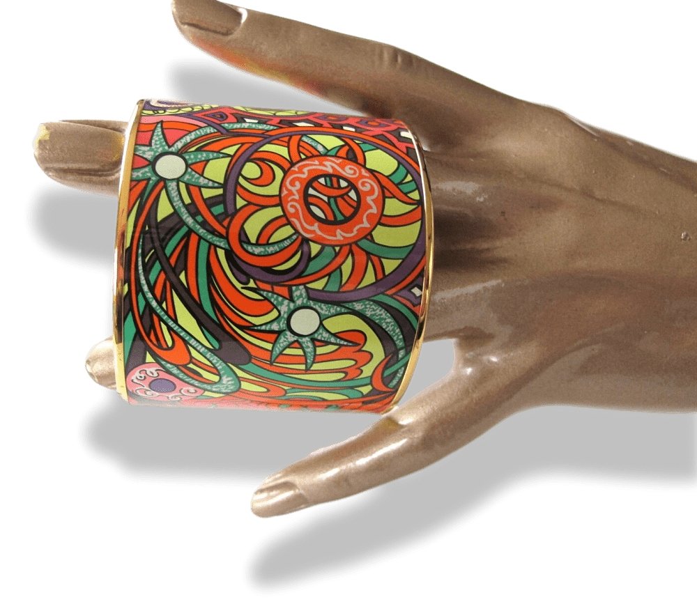Hermes Fluo L'Ivresse de l'Infini by Zoe Pauwels Gold Trim Mega Wide Enamel Bangle Bracelet Sz65, New! - poupishop