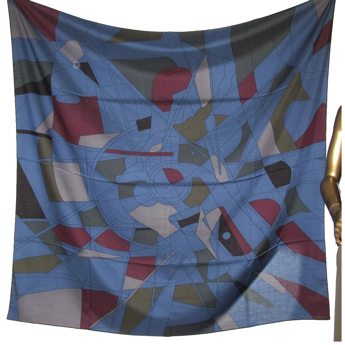 Hermes 2018 Pilot Blue/Wine/Kaki H FORCE CENTRIFUGE by Nigel Peake 70% Wool/30% Silk Shawl 140