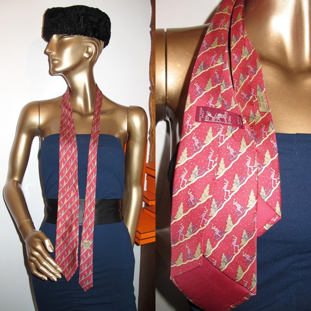Hermes Framboise Twill Silk Tie Ski Luge, Nr 7231 UA - poupishop