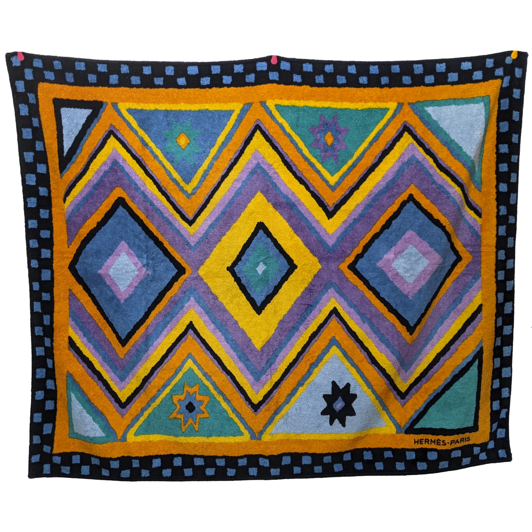 Hermes Noir/Orange/Emeraude Geometrical "Kilim? Rhyme?" Tapis de Plage Terry Beach Towel XXL 145 x 190 cm