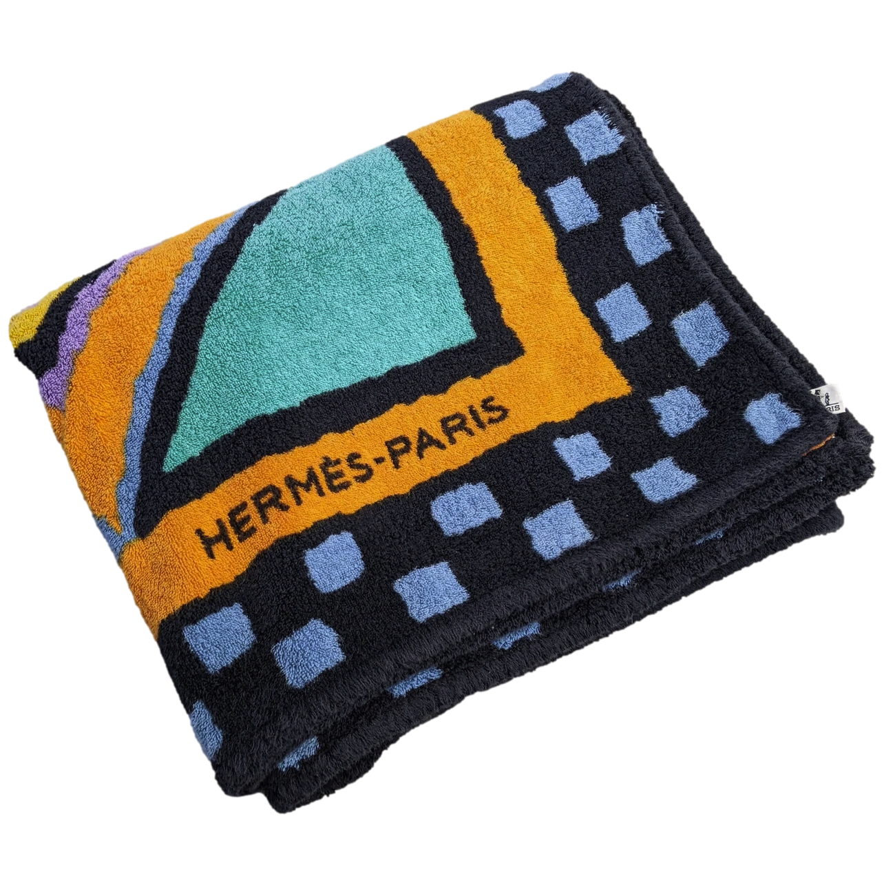 Hermes Noir/Orange/Emeraude Geometrical "Kilim? Rhyme?" Tapis de Plage Terry Beach Towel XXL 145 x 190 cm