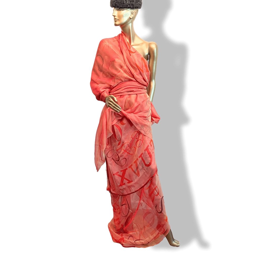 Hermes Gigantic Silk Chiffon Pink/Red LITTERATURE ALPHABET II SARI Mousseline Changeante XXL, Exceptional RARE! - poupishop