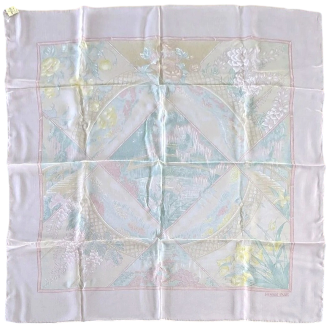 Hermes Rose Pale/Sable/Vert Jade The garden of Claude Monet GIVERNY Blanc Matt Overprint Mousseline 90cm