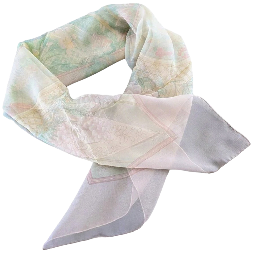 Hermes Rose Pale/Sable/Vert Jade The garden of Claude Monet GIVERNY Blanc Matt Overprint Mousseline 90cm