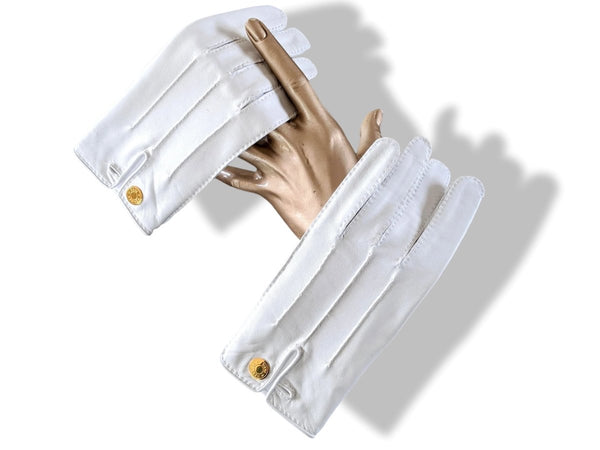Hermes [GL17] Women's Blanc Glace/Gold Clous de Selle Lambskin GANTS FEMME NERVURES DROITES Gloves Sz 075, BNWTIB! - poupishop
