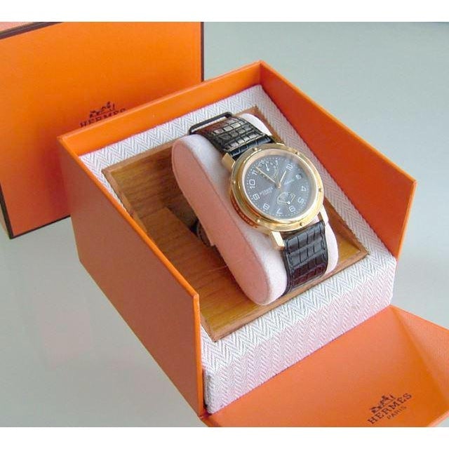 Hermes Gold 750 Clipper Reserve de Marche Automatic Or GML Alligator Watch, NIB! - poupishop
