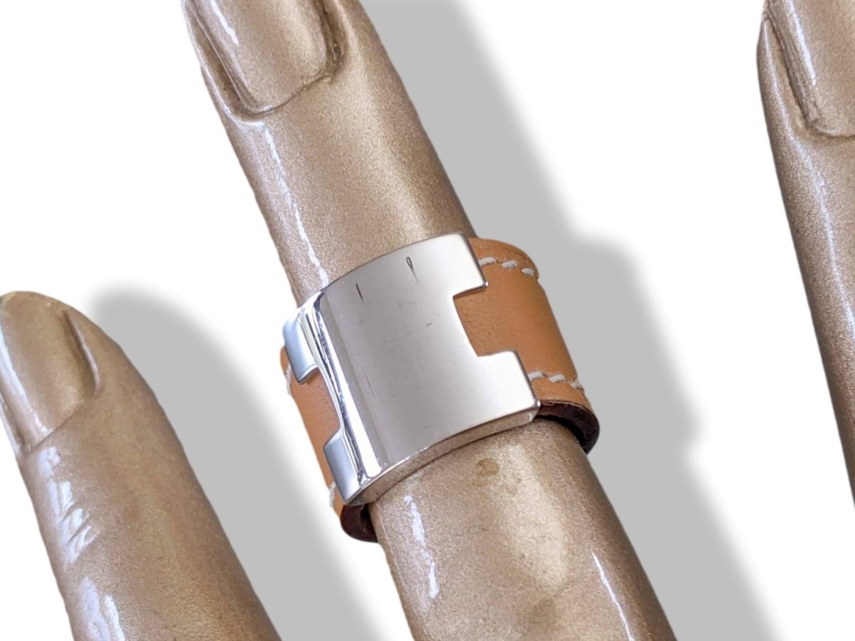 Hermes Gold Calfskin/Plated Silver and Palladium LURIE Ring Sz M, Box! - poupishop