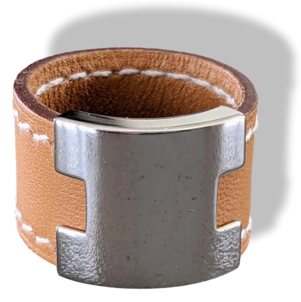 Hermes Gold Calfskin/Plated Silver and Palladium LURIE Ring Sz M, Box! - poupishop