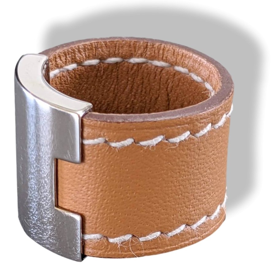 Hermes Gold Calfskin/Plated Silver and Palladium LURIE Ring Sz M, Box! - poupishop