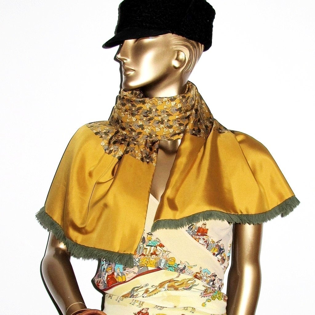 Hermes Gold/Green Leaves Angora and Silk Fringed Stole 17"x 57" - poupishop
