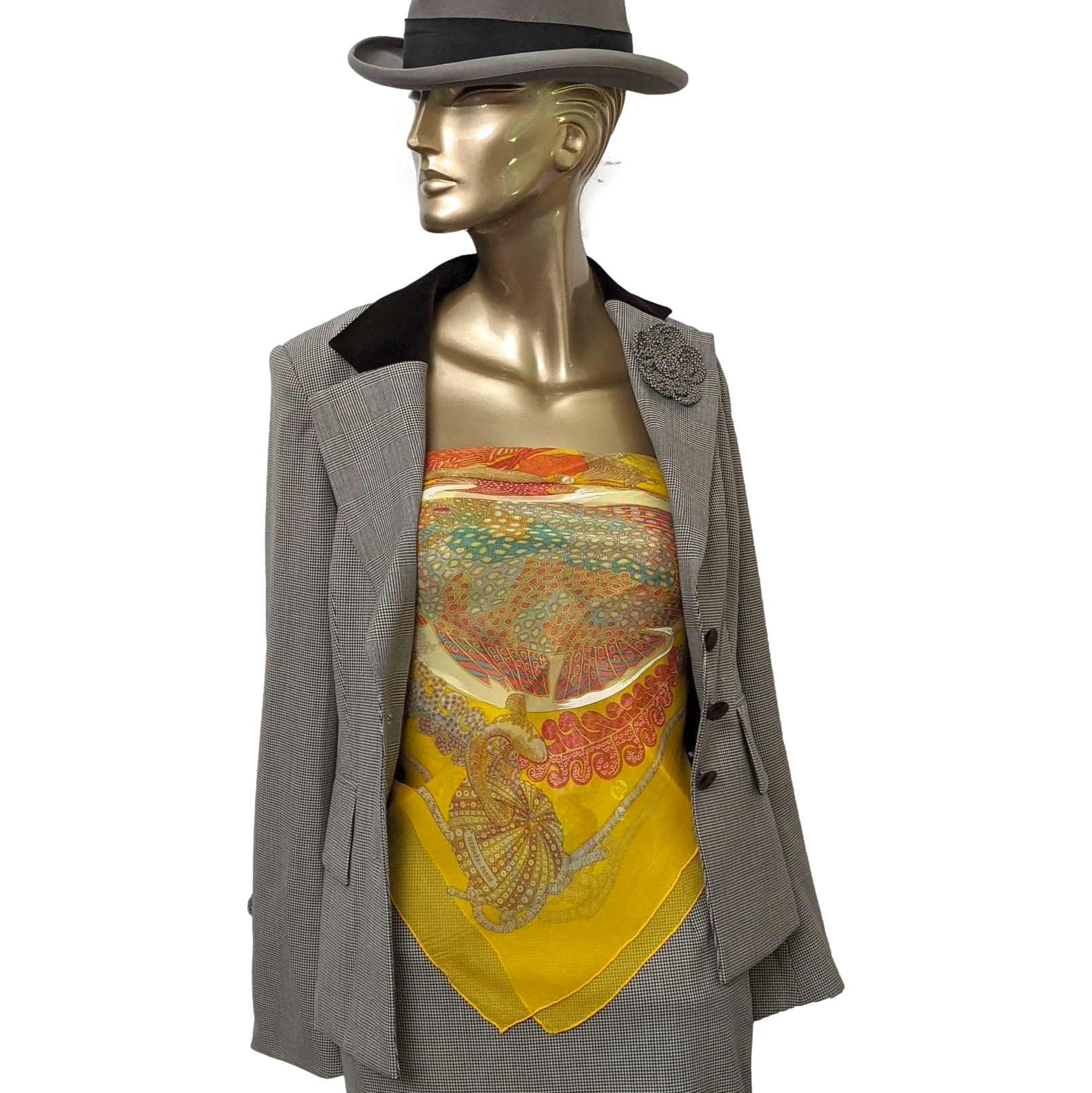 Hermes 1990s First Issue Soleil/Rouge "Grands Fonds" by Annie Faivre Blanc Matte Overlay Mousseline 90 x 90 cm