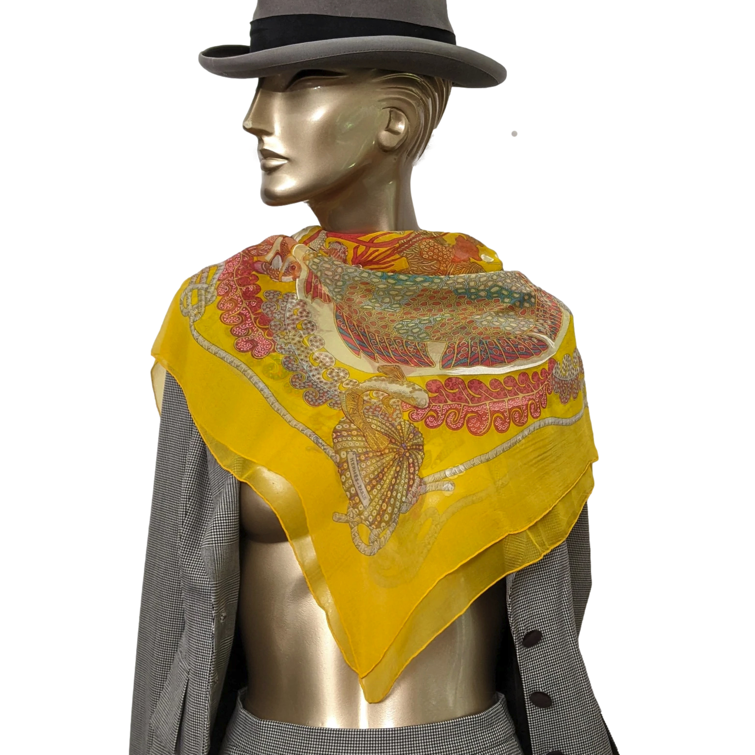 Hermes 1990s First Issue Soleil/Rouge "Grands Fonds" by Annie Faivre Blanc Matte Overlay Mousseline 90 x 90 cm