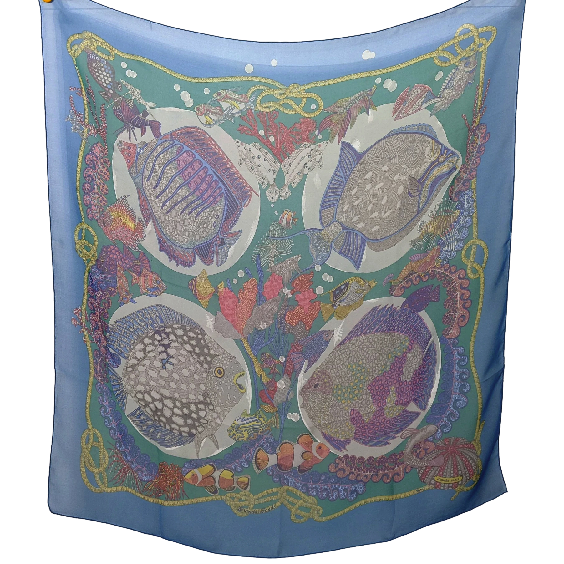 Hermes 1990s First Issue Turquoise "Grands Fonds" by Annie Faivre Blanc Matte Overlay Mousseline 90 x 90 cm