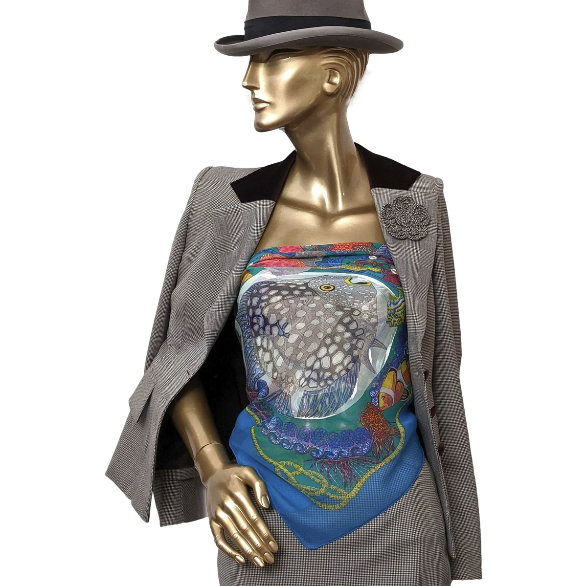 Hermes 1990s First Issue Turquoise "Grands Fonds" by Annie Faivre Blanc Matte Overlay Mousseline 90 x 90 cm