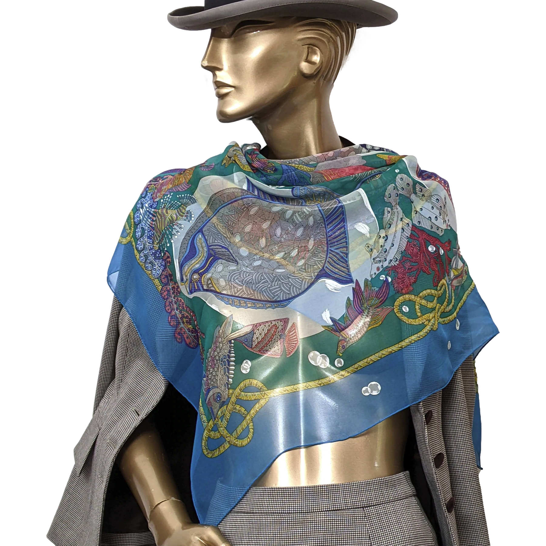 Hermes 1990s First Issue Turquoise "Grands Fonds" by Annie Faivre Blanc Matte Overlay Mousseline 90 x 90 cm