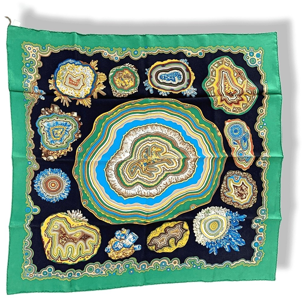 Hermes Green Black Blue PIERRES ET CRISTAUX by Claudia Stuhlhofer-Mayr Wash Silk Carre 90cm cm, BNWTIB! - poupishop
