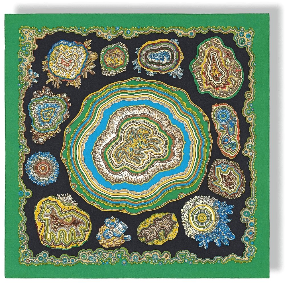 Hermes Green Black Blue PIERRES ET CRISTAUX by Claudia Stuhlhofer-Mayr Wash Silk Carre 90cm cm, BNWTIB! - poupishop