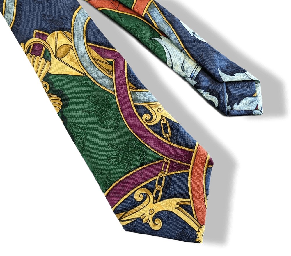 Hermes Green Blue Gold INSTRUCTION DU ROY Printed Jacquard Silk Tie, Mint! - poupishop