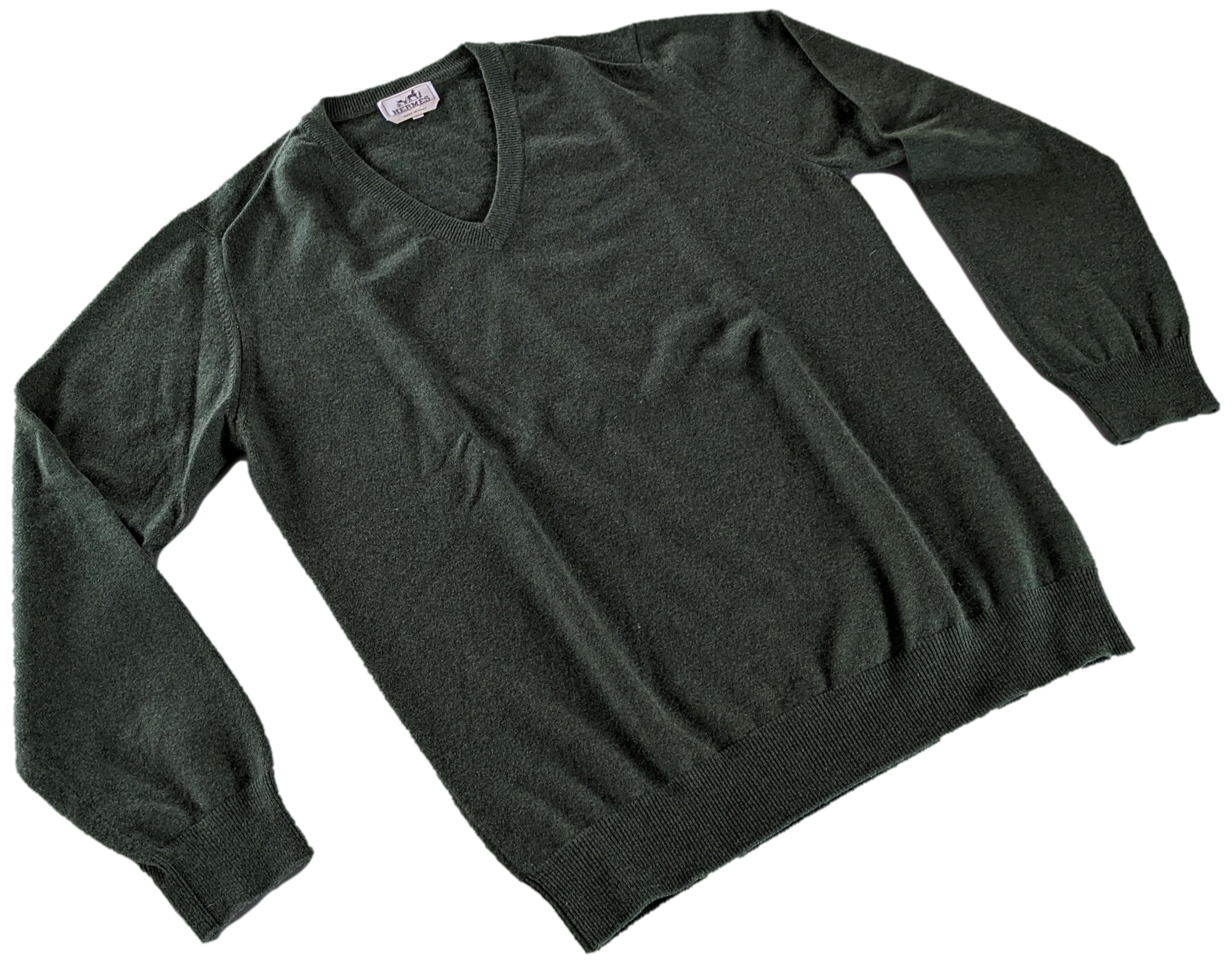 Hermes Men's Vert Chasse 100% Cashmere Classic V-Neck Sweater SzXXL