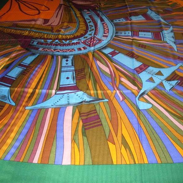 Hermes Green/Orange Cuirs du Desert Detail Cashmere Shawl 140, New! - poupishop