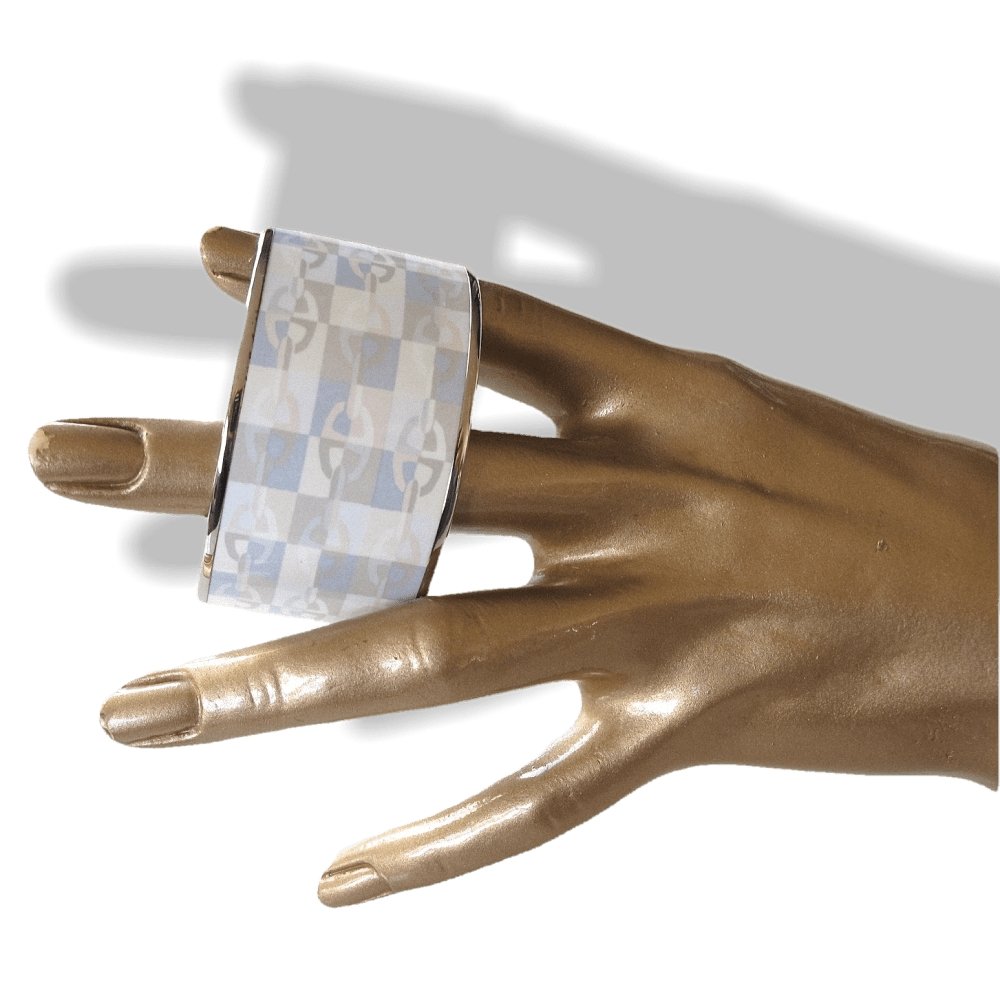 Hermes Grey Blue Rose Enamel Silver Trim OPTIQUE CHAINE D'ANCRE Xtra Wide Bangle Bracelet, New! - poupishop