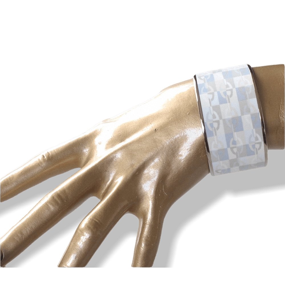 Hermes Grey Blue Rose Enamel Silver Trim OPTIQUE CHAINE D'ANCRE Xtra Wide Bangle Bracelet, New! - poupishop
