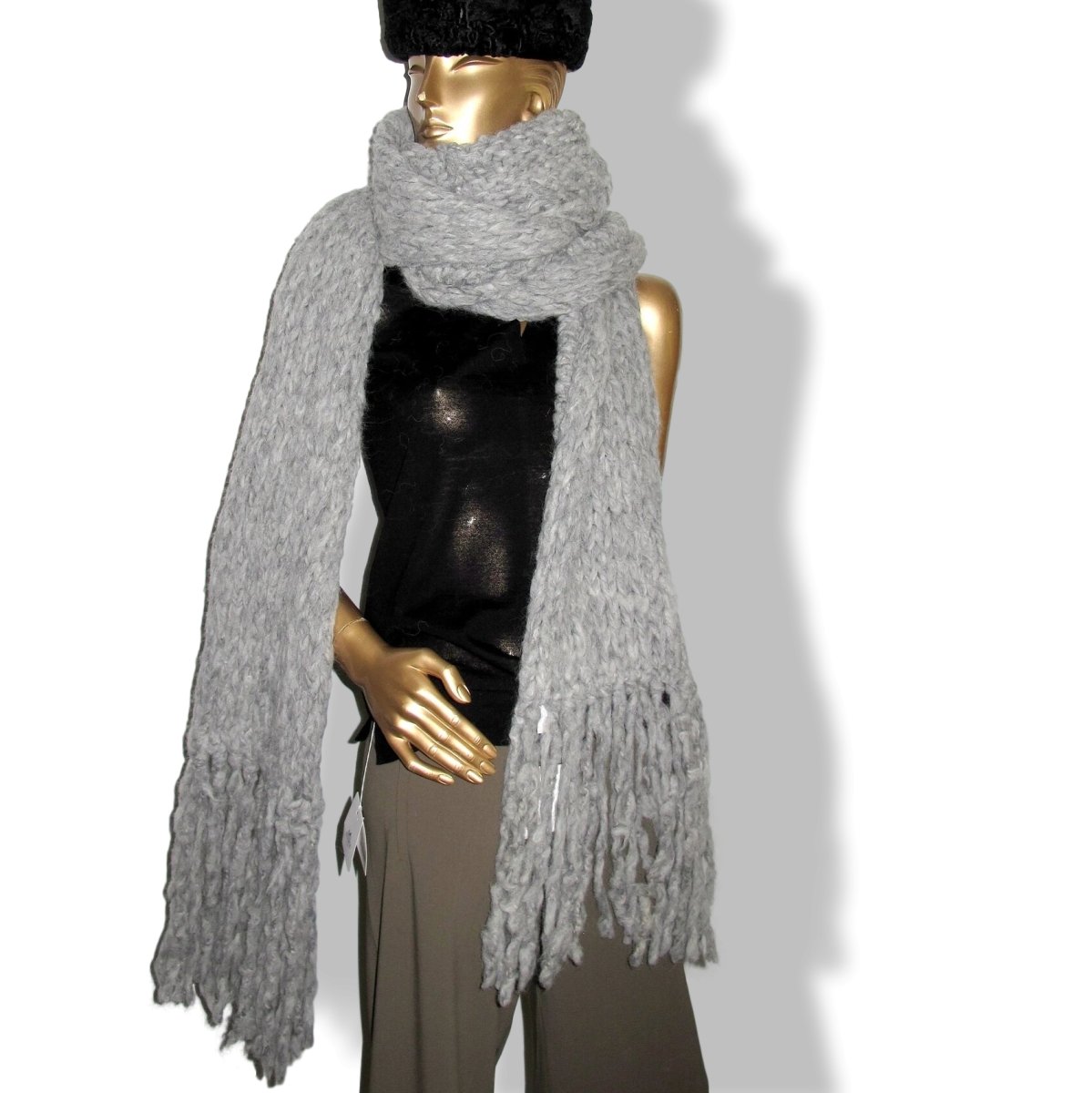 Hermes Gris Clair Mesh Alpaga/Fox CAPUCHE ECHARPE MAILLE FUR EFFECT Stole Xtra Long, BNWT! - poupishop
