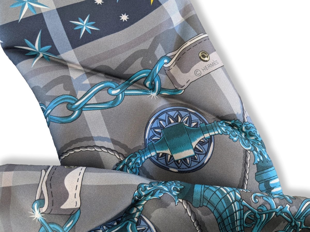 Hermes Gris/Tuquoise/Marine C'EST LA FETE by Daiske Nomura DOUBLE FACE Twill Scarf 90cm Rare, BNWT! - poupishop