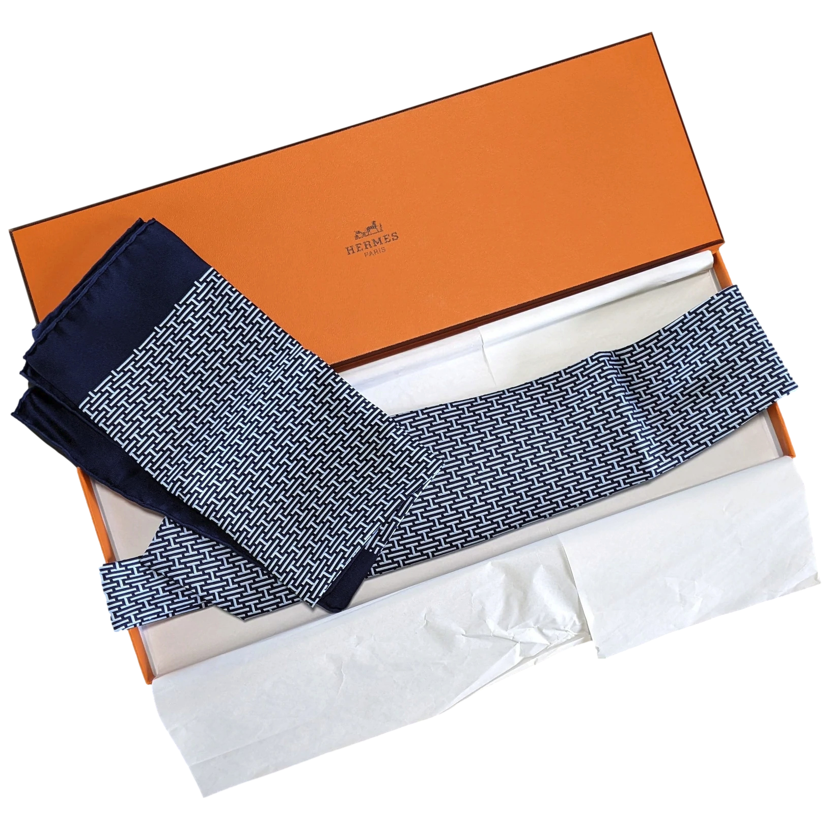 Hermes Marine/Blanc Twill Printed Set "H" Gavroche & Tie 9 cm