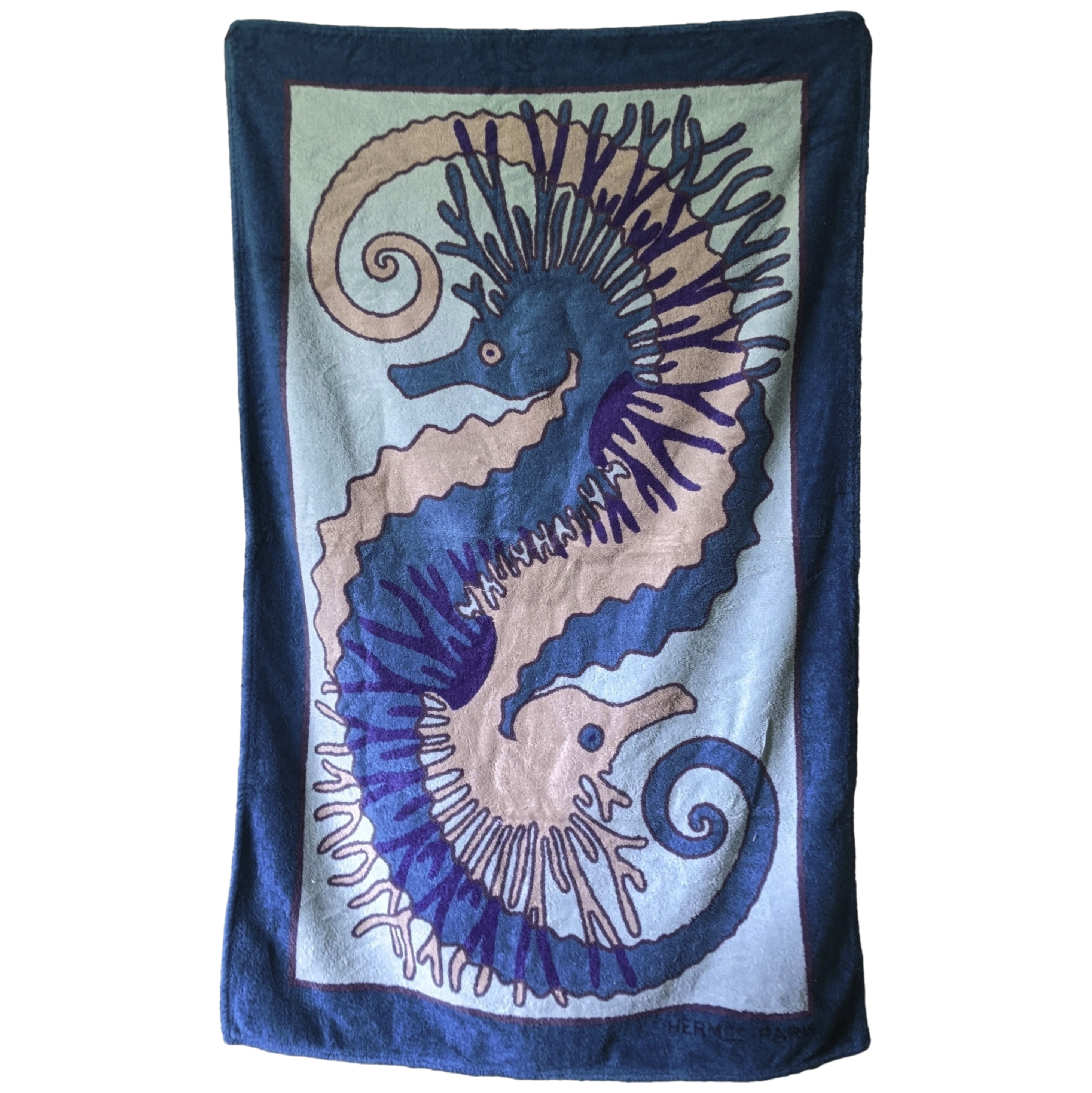 Produits Hermes Vintage Bleu "Hippocampes" Tapis de Plage Terry Beach Towel 90 x 150 cm