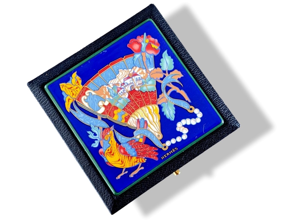 Hermes Home 1987 Special Issue Blue Chevre Mysore & Enamel MIRROR POWDER COMPACT Poudrier; Box! - poupishop