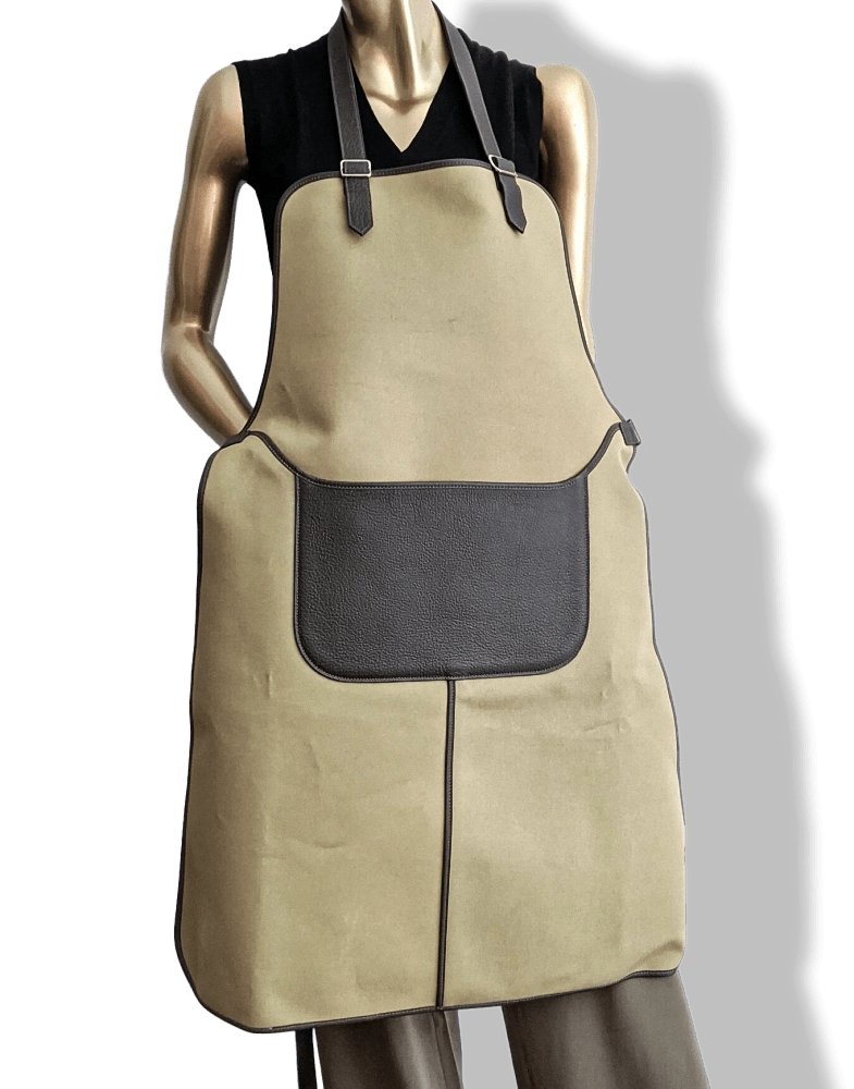 Hermes Home 2002 Kaki Canvas and Dark Brown Taurillon Leather Apron, BNEW! - poupishop