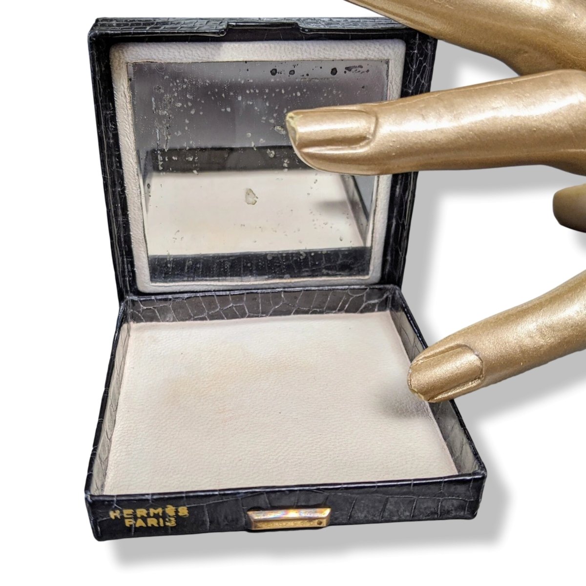 Hermes Home Vintage Black Porosus Crocodile MIRROR POWDER COMPACT Poudrier - poupishop