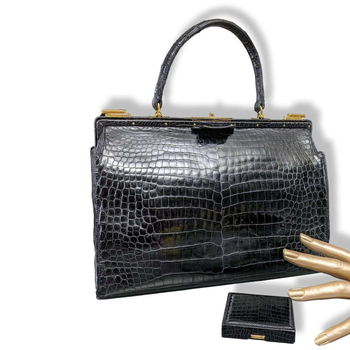 Hermes Home Vintage Black Porosus Crocodile MIRROR POWDER COMPACT Poudrier - poupishop