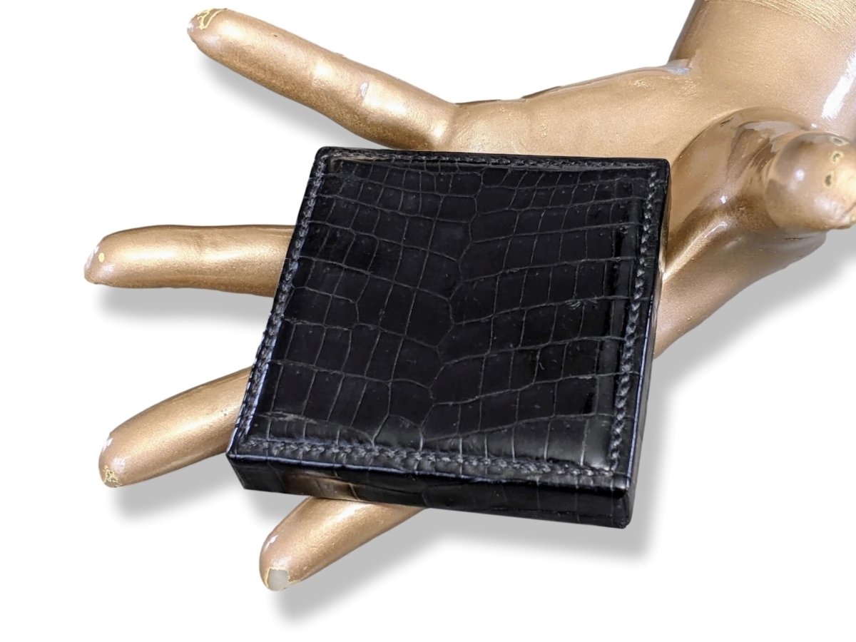 Hermes Home Vintage Black Porosus Crocodile MIRROR POWDER COMPACT Poudrier - poupishop