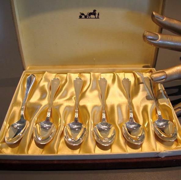 Hermes Home Vintage Silvered Set of 6 Moka Spoons, Box! - poupishop