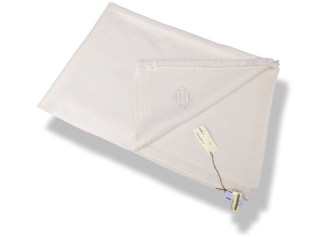 Hermes Ivoire Fringed 100% Cashmere ETOLE CRAFT Muffler Hand Woven in Nepal 77 x 230 cm, BNWT! - poupishop