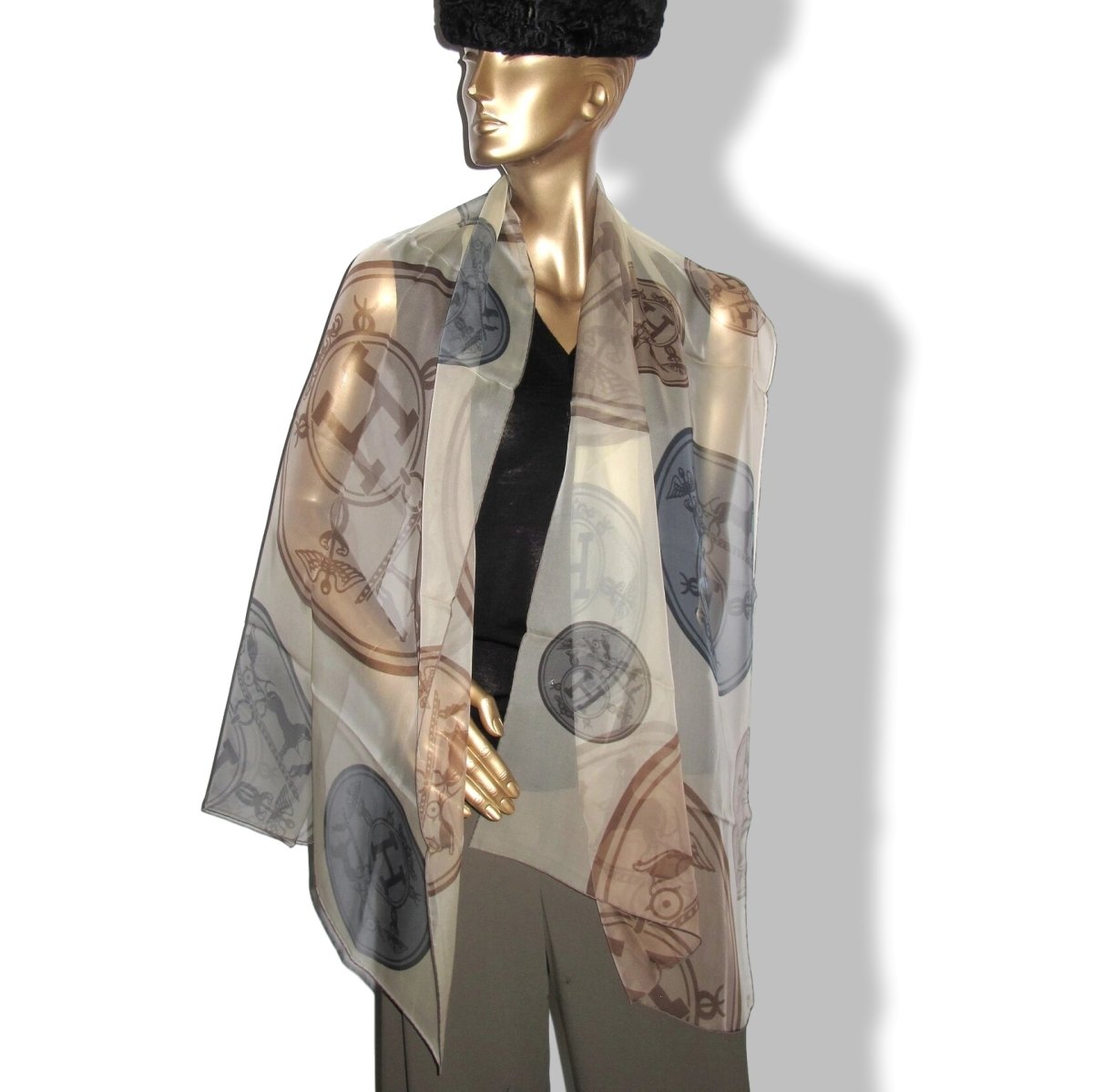 Hermes Ivory/Grey/Etoupe Chic Palette CONFETTIS D'EX LIBRIS Mousseline Silk Stole, New! - poupishop