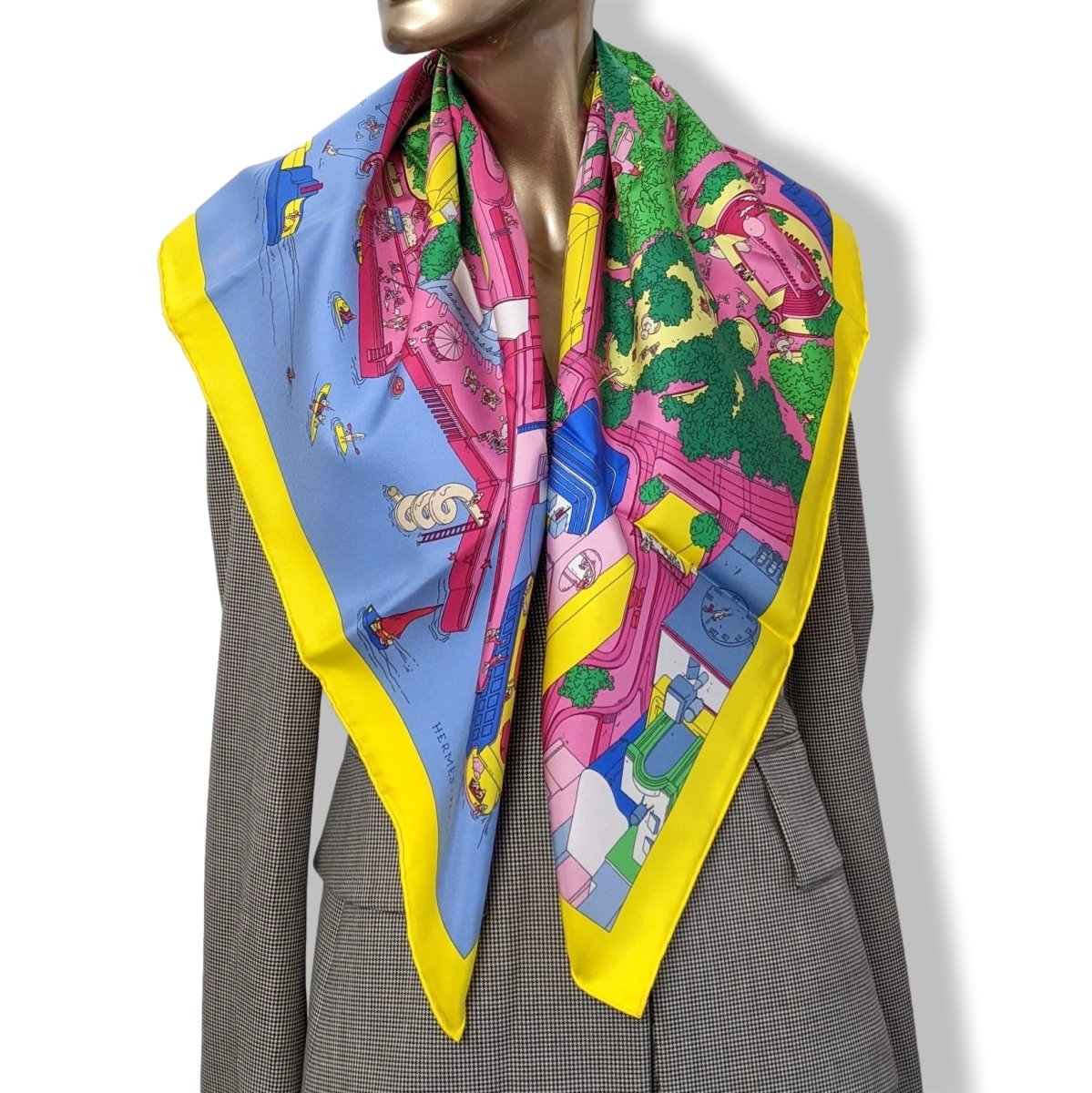 Hermes Jaune/Fuchsia/Blue "The Battery New-York" by Ugo Gattoni Twill Silk Carre 90cm, NIB! - poupishop