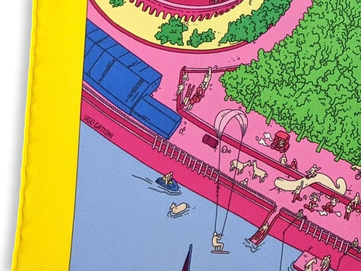 Hermes Jaune/Fuchsia/Blue "The Battery New-York" by Ugo Gattoni Twill Silk Carre 90cm, NIB! - poupishop