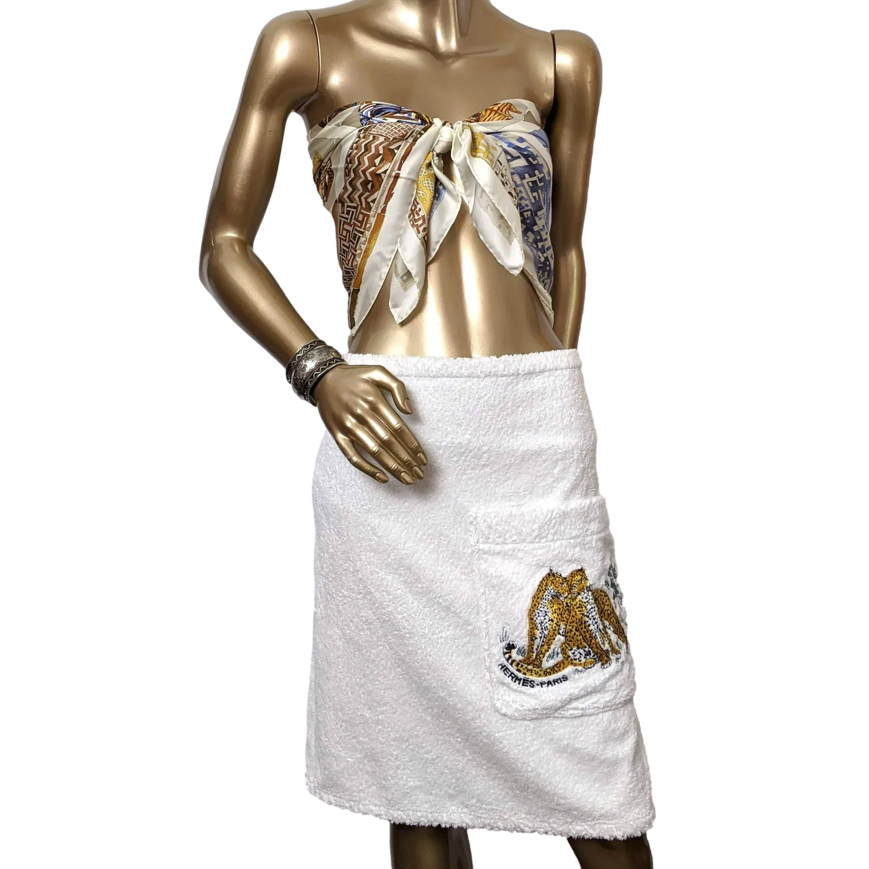 Hermes Vintage Embroidered "Jungle Love" Velcro Terry Beach Skirt with Large Pocket