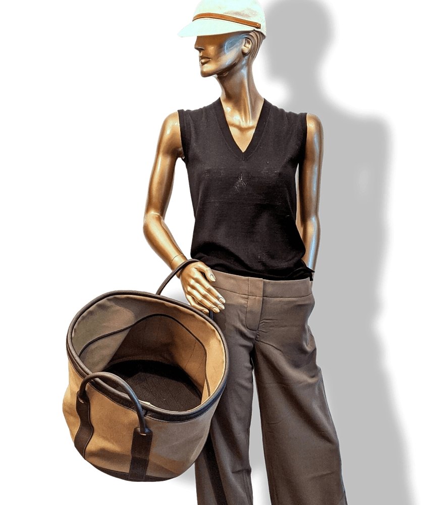 Hermes Kaki Canvas/Ebene Taurillon SAC DE PLAGE - SHOPPING TOTE CABAS BAG 45 GM, New! - poupishop