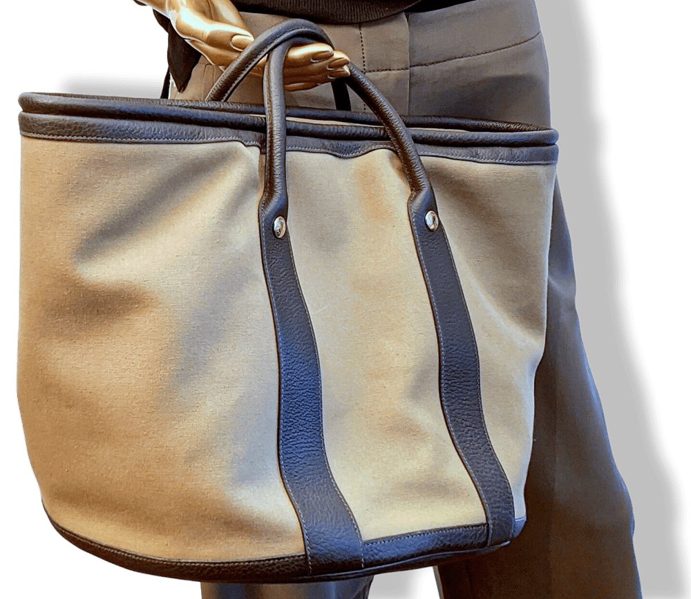 Hermes Kaki Canvas/Ebene Taurillon SAC DE PLAGE - SHOPPING TOTE CABAS BAG 45 GM, New! - poupishop