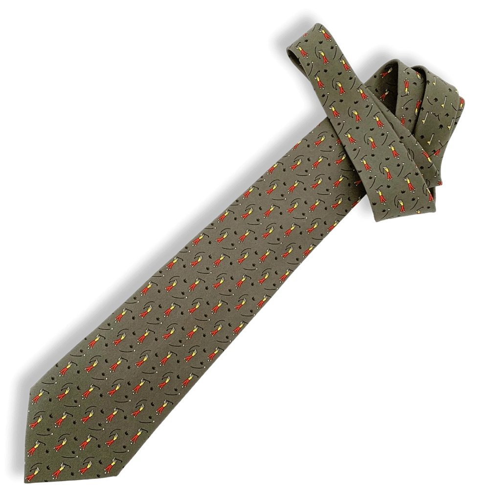 Hermes Kaki Yellow Red 5485 BIRDY Golf Twill Silk Tie 9CM, NWT in Pochette! - poupishop