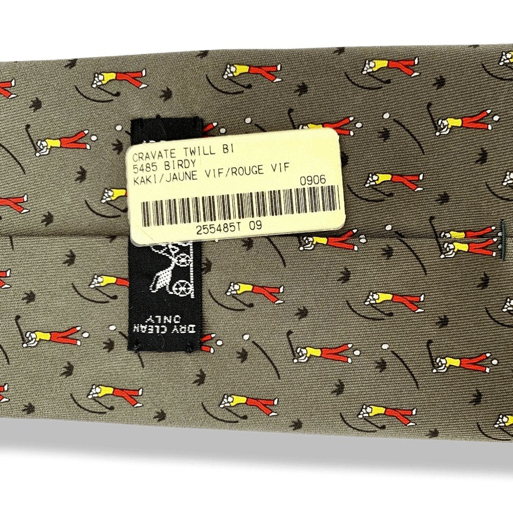 Hermes Kaki Yellow Red 5485 BIRDY Golf Twill Silk Tie 9CM, NWT in Pochette! - poupishop