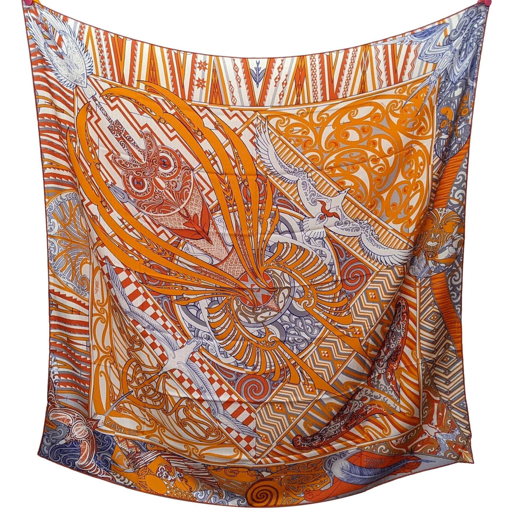 Hermes Orange/Blanc/Bleu "Kawa Ora" by Te Rangitu Netana Cashmere Shawl 140