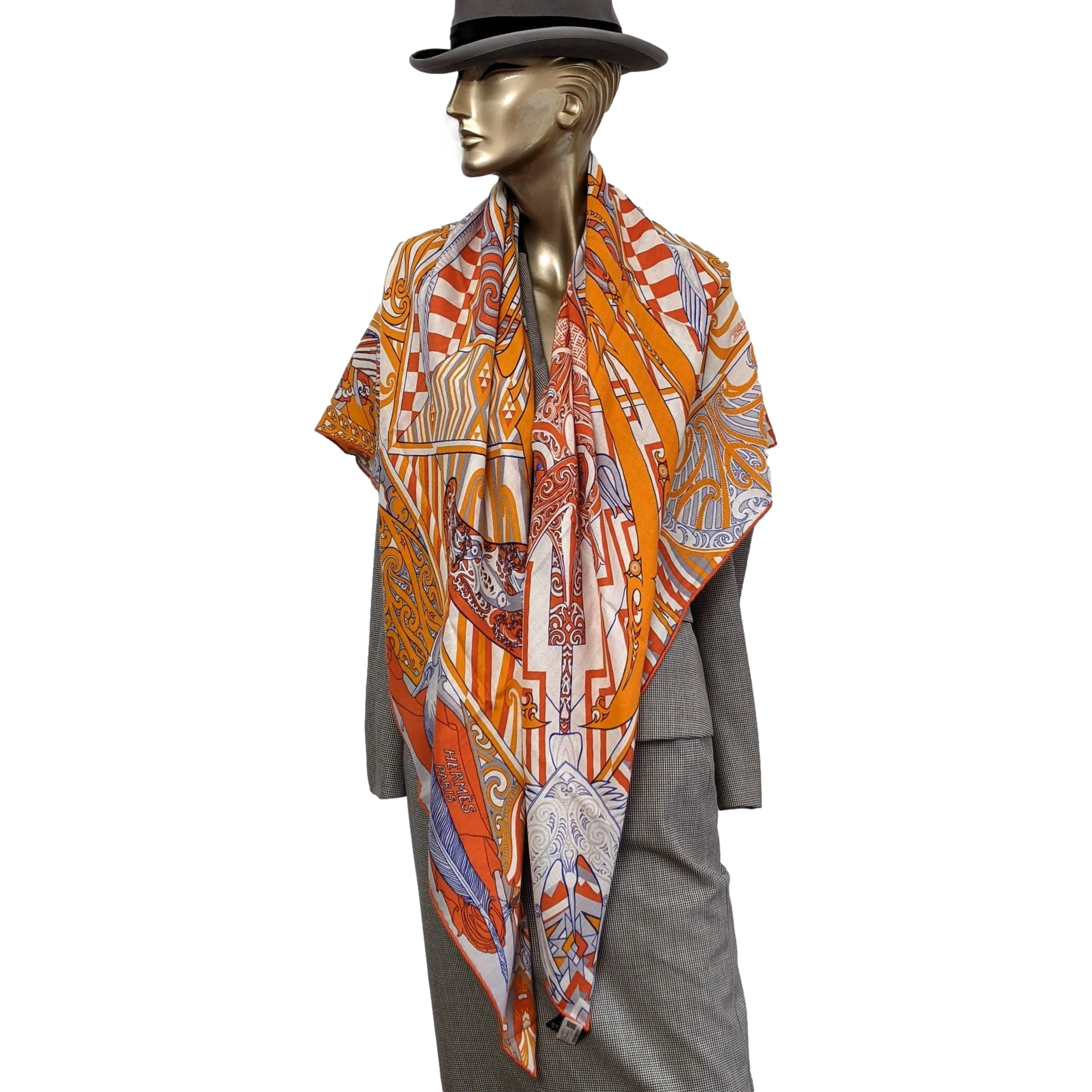 Hermes Orange/Blanc/Bleu "Kawa Ora" by Te Rangitu Netana Cashmere Shawl 140