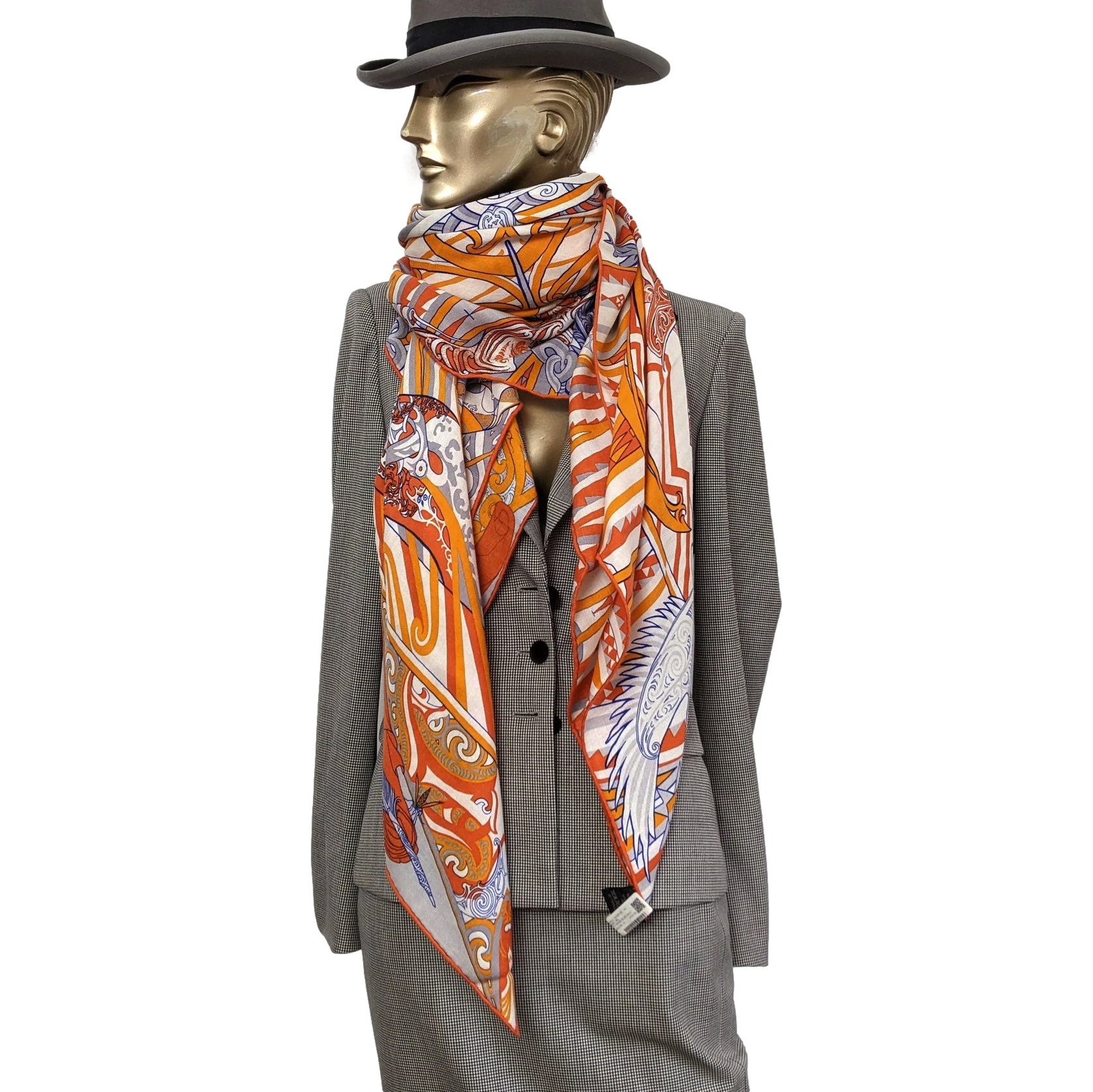 Hermes Orange/Blanc/Bleu "Kawa Ora" by Te Rangitu Netana Cashmere Shawl 140