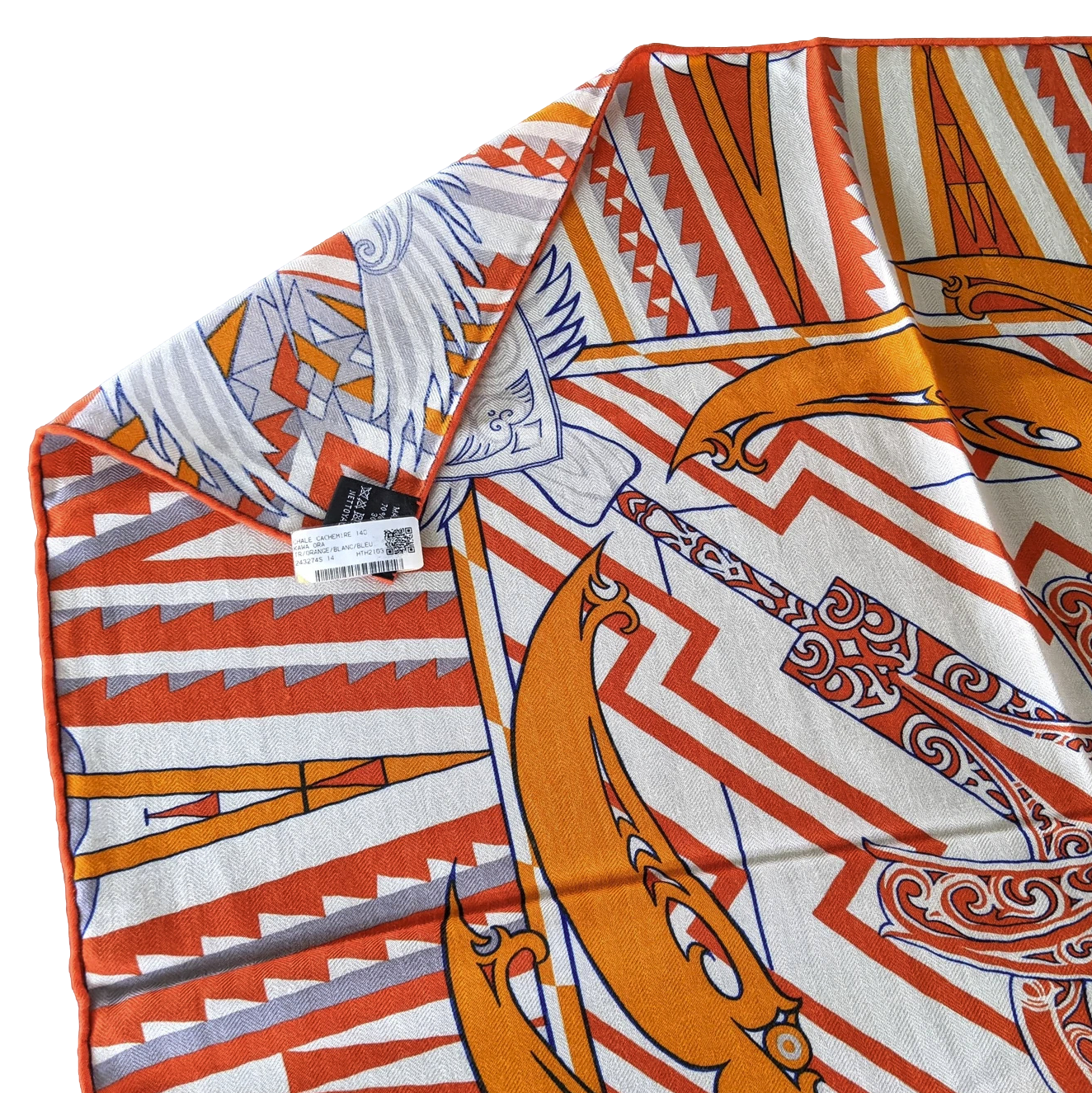 Hermes Orange/Blanc/Bleu "Kawa Ora" by Te Rangitu Netana Cashmere Shawl 140