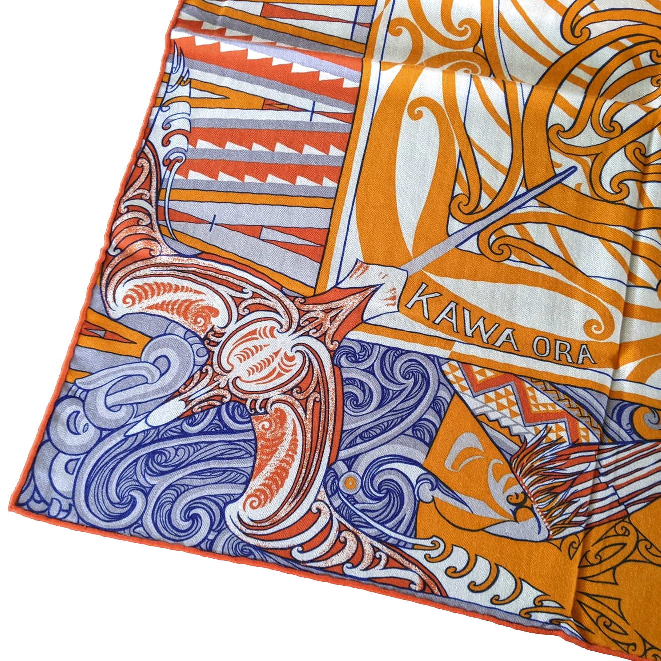 Hermes Orange/Blanc/Bleu "Kawa Ora" by Te Rangitu Netana Cashmere Shawl 140